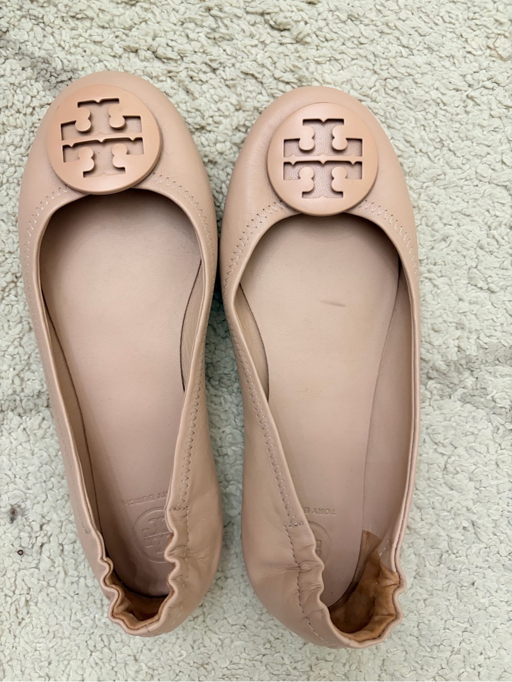 Tory Burch Nude Pink Leather Logo Ballet Flats